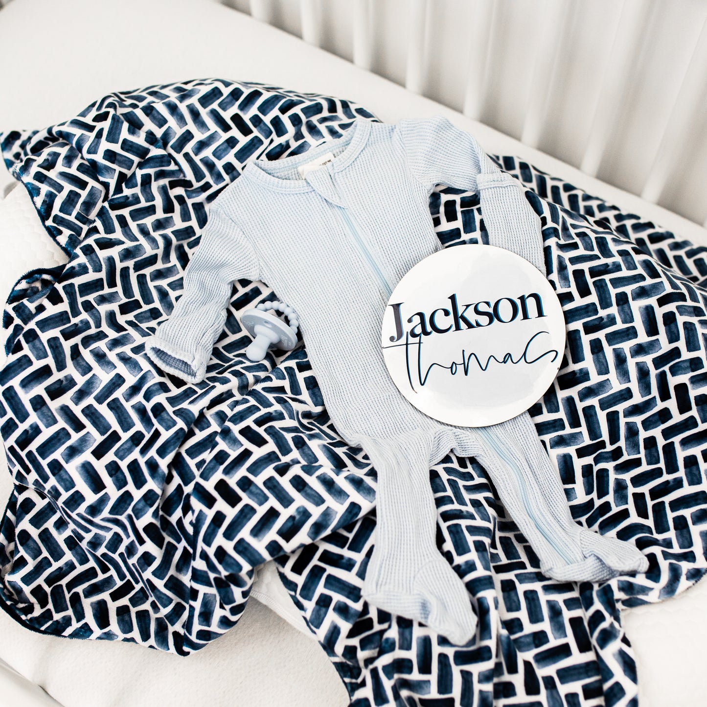 NAVY HERRINGBONE BABY BLANKET