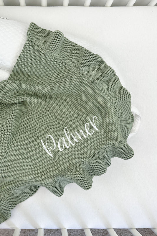 RUFFLE KNIT BLANKET - OLIVE