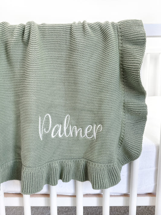 RUFFLE KNIT BLANKET - OLIVE